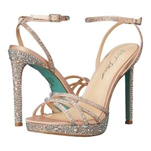Betsey Johnson SB-Aden Champagne Iridescent Rhinestone Wrap Heel Sandals - 8
